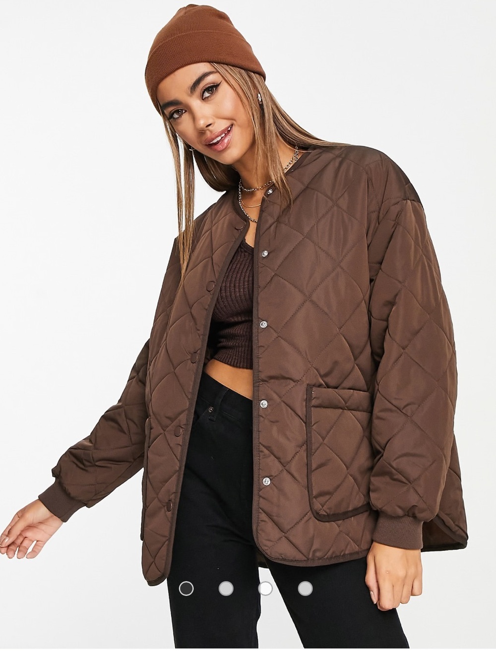 New Look quilted collarless jacket in brown